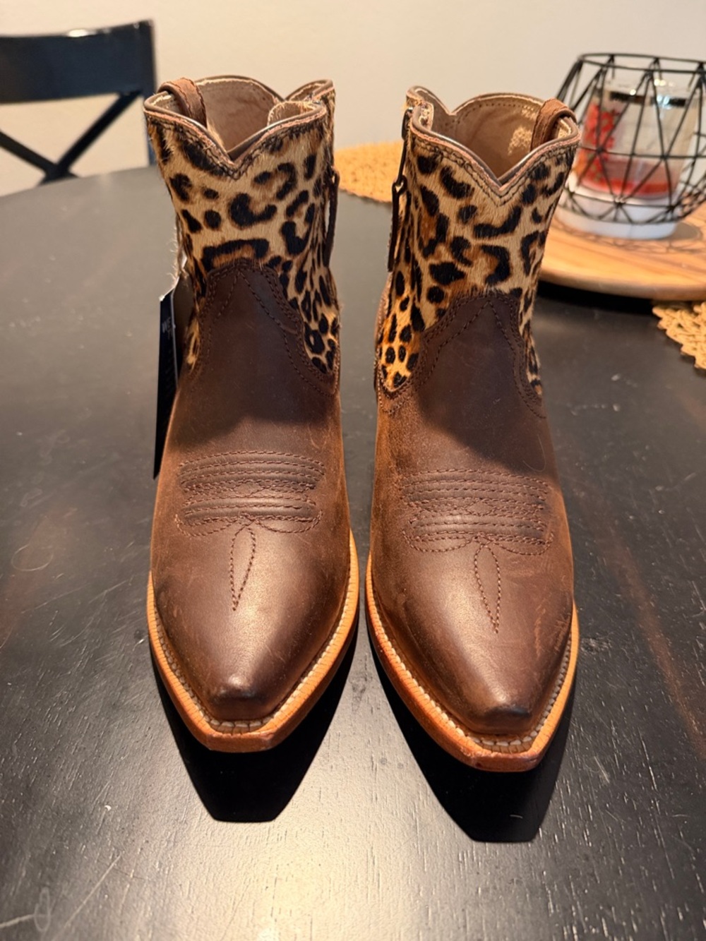 Twisted X Brown Leather Ankle Boots with Leopard-Print Shaft